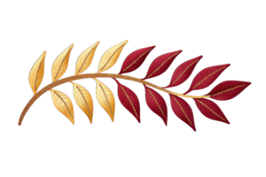 A decorative branch with alternating gold and red leaves, symbolizing elegance and nature. design features curved stem with detailed leaf patterns, creating luxurious and artistic appearance png