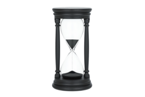 A classic black hourglass with sand flowing through its center, symbolizing passage of time and patience. elegant design features wooden frame and clear glass png