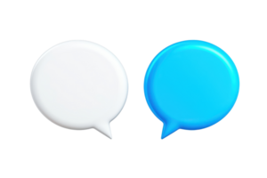 A Two speech bubbles, one white and one blue, symbolize communication and dialogue. 3D design adds modern touch, making it ideal for illustrating conversations or messaging concepts png
