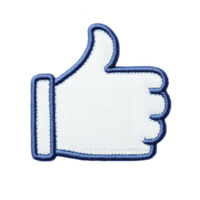 A white and blue embroidered patch in shape of thumbs up symbol, representing approval or positive gesture. patch has textured fabric surface with bold outline png