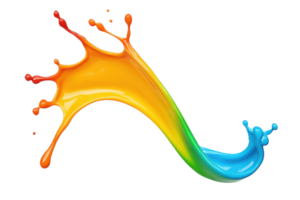 A vibrant splash of multicolored paint arcs dynamically through air, showcasing spectrum from red to blue. fluid motion and vivid colors create sense of energy and creativity png