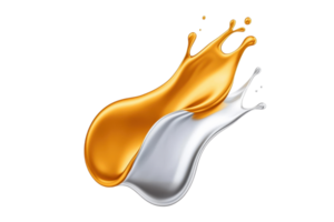 A dynamic splash of metallic gold and silver paint creates striking visual effect, symbolizing luxury and creativity. fluid motion and vibrant colors capture attention and evoke sense of elegance png