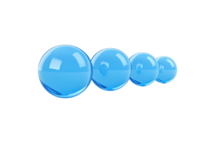 A Four glossy blue spheres arranged in line, reflecting light on transparent background. spheres gradually decrease in size, creating sense of depth and perspective png