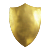 A shiny golden shield with smooth surface, symbolizing protection and strength, isolated on transparency background. shield metallic texture reflects light, giving it polished appearance png