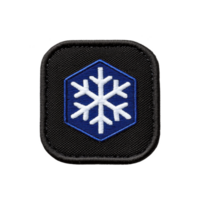 A This shows patch with white snowflake design on blue hexagonal background, bordered by dark gray square. patch has textured, embroidered appearance.snowflake patch with blue hexagon png