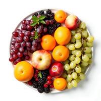 A plate of assorted fruits on a white background photo