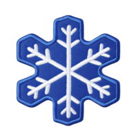 A blue embroidered patch in shape of snowflake with white stitching, symbolizing winter and cold weather. intricate design adds festive and decorative touch png