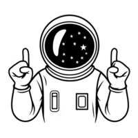 A sketch of astronaut in spacesuit with helmet, raising both index fingers upwards. illustration is simple and monochrome, capturing playful and imaginative space theme png