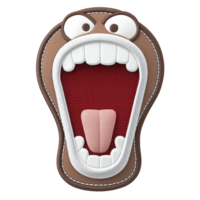 A cartoonish, embroidered patch design features wide open mouth with exaggerated teeth and tongue, surrounded by brown border. playful expression adds humorous touch png
