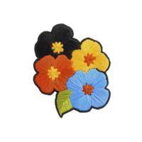 A Colorful embroidered flowers with vibrant petals and green leaf create cheerful design. intricate stitching highlights texture and detail of each flower, adding handmade charm png