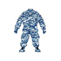 A digital illustration of blue camouflage military uniform with boots, featuring pixelated pattern and American flag patch on sleeve, conveying sense of readiness png