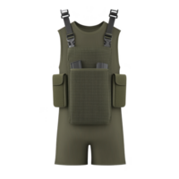 A green tactical vest with multiple pockets and adjustable straps is displayed matching green outfit. vest features large central pocket and two side pockets, designed for utility and convenience png