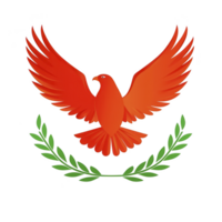 A vibrant red bird with outstretched wings is depicted above green laurel wreath, symbolizing freedom and victory. design is bold and striking, conveying sense of power and triumph png