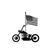 A silhouette of motorcycle with American flag waving behind it, symbolizing freedom and adventure. design is simple yet striking, capturing essence of open road png