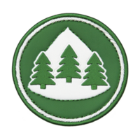 A This shows green embroidered patch featuring three pine trees and mountain, symbolizing nature and outdoor activities. circular design is bordered with white edge, giving it classic scout badge png