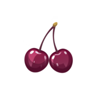 A Two glossy cherries with single stem are depicted against plain background, showcasing their vibrant red color and smooth texture png