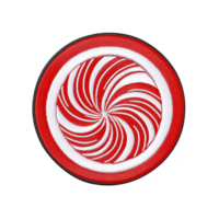 A This features circular patch with red and white spiral design, resembling peppermint candy. pattern creates dynamic, swirling effect.peppermint candy design patch png