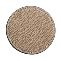 A round, textured leather patch with visible stitching, showcasing natural tan color and detailed grain pattern, perfect for crafting or fashion design projects png