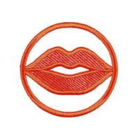 A vibrant embroidered patch features pair of red lips encircled by matching red border, showcasing playful and bold design. stitching adds texture and depth, making it ideal for fashion png