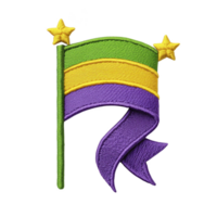 A This features colorful embroidered patch with wavy flag design in green, yellow, and purple, adorned with stars. vibrant colors and intricate stitching create lively and festive appearance png