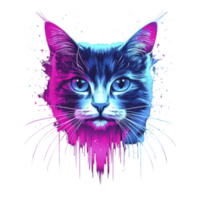 A vibrant digital illustration of cat face features neon colors, blending blue and pink hues with splash effect, creating striking and artistic design png