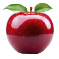A shiny red apple with two green leaves on top, showcasing its vibrant color and smooth texture. apple appears fresh and appetizing, symbolizing health and nature png