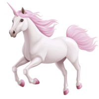 A majestic unicorn with flowing pink mane and tail stands gracefully, exuding sense of magic and wonder. Its elegant pose and mythical presence captivate imagination png