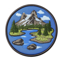 A This features circular embroidered patch depicting scenic landscape with snow capped mountain, winding river, and lush green trees blue sky with clouds. patch has border and showcases natural png