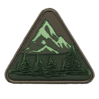 A triangular embroidered patch features mountain and forest design, with green and brown tones creating natural, rugged look. patch evokes sense of adventure and outdoor exploration png