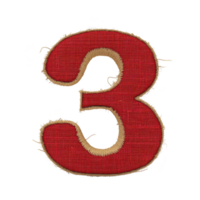 A red fabric number three with burlap border, showcasing rustic and textured design. frayed edges add vintage and handmade feel to numeral png