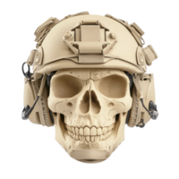 A skull wearing tactical military helmet with attached communication devices, showcasing blend of human anatomy and modern technology. image conveys sense of strength and resilience png