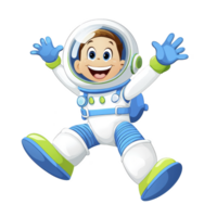 A cheerful cartoon astronaut with big smile is floating in space, wearing white and blue spacesuit with green accents. character arms are raised in excitement, conveying sense of adventure png