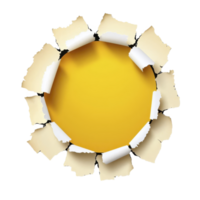 A vibrant yellow circle is surrounded by torn paper edges, creating dynamic and eye catching design. contrast between bright center and rough, jagged paper adds depth and texture png