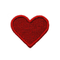 A red heart shaped patch with textured fabric surface, featuring woven pattern and frayed edges, isolated on transparency background png