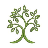 A green embroidered tree with intricate leaf patterns symbolizes growth and nature. design is detailed and artistic, showcasing stylized representation of tree with focus on elegance and simplicity png