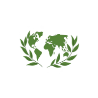 A green world map is creatively integrated with laurel branches, symbolizing global peace and environmental harmony. design is simple yet impactful, conveying message of unity and sustainability png