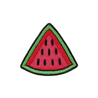 A colorful embroidered patch in shape of watermelon slice, featuring vibrant red and green threads with black seeds, perfect for adding playful touch to clothing or accessories png