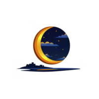 A crescent moon with golden glow is surrounded by fluffy clouds and twinkling stars against dark night sky, creating serene and dreamy atmosphere png