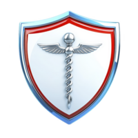 A shiny silver caduceus symbol is centered on red and blue shield, representing medical protection and healthcare security. design is sleek and modern, conveying trust and safety png