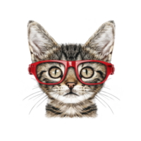 A cute tabby cat wearing red glasses, looking directly at viewer with curious expression. detailed fur and vibrant eyewear create playful and stylish appearance png