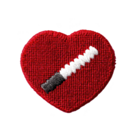 A This features red heart shaped patch with white and gray saw design center, symbolizing mix of love and edginess. patch is embroidered, showcasing textured appearance.heart shaped patch with saw png