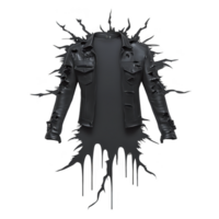A black leather jacket with glossy finish is displayed against splattered paint background, creating dynamic and edgy visual effect. jacket features multiple pockets and sleek design png