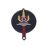A This features circular embroidered patch with sword design, showcasing red and gold color scheme. sword is central, with decorative hilt and transparency background, creating striking contrast png