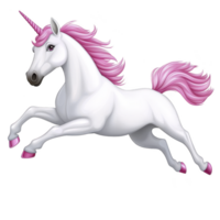 A majestic white unicorn with pink mane and tail leaps gracefully, exuding sense of magic and wonder. Its horn glistens, adding to enchanting aura of this mythical creature png