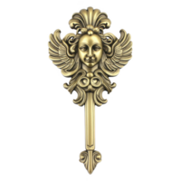 A This features ornate, golden decorative element with winged face design, showcasing intricate details and classical style. expression is serene and elegant png