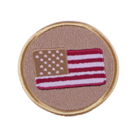 A round embroidered patch features American flag with beige background and gold border, symbolizing patriotism and unity png