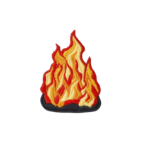 A vibrant embroidered patch depicting stylized flame with shades of red, orange, and yellow, set against transparency background. design captures dynamic movement and energy of fire png