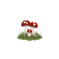 A charming illustration of three red and white mushrooms with grass and sparkles, evoking whimsical and magical forest scene png