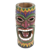 A colorful wooden tribal mask with intricate carvings and vibrant patterns, featuring bold colors like red, green, and yellow, and expressive face with open mouth and prominent teeth png
