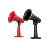 A Two vintage style megaphones, one red and one black, stand side by side on transparency background, showcasing classic design. image highlights their retro aesthetic and bold colors png